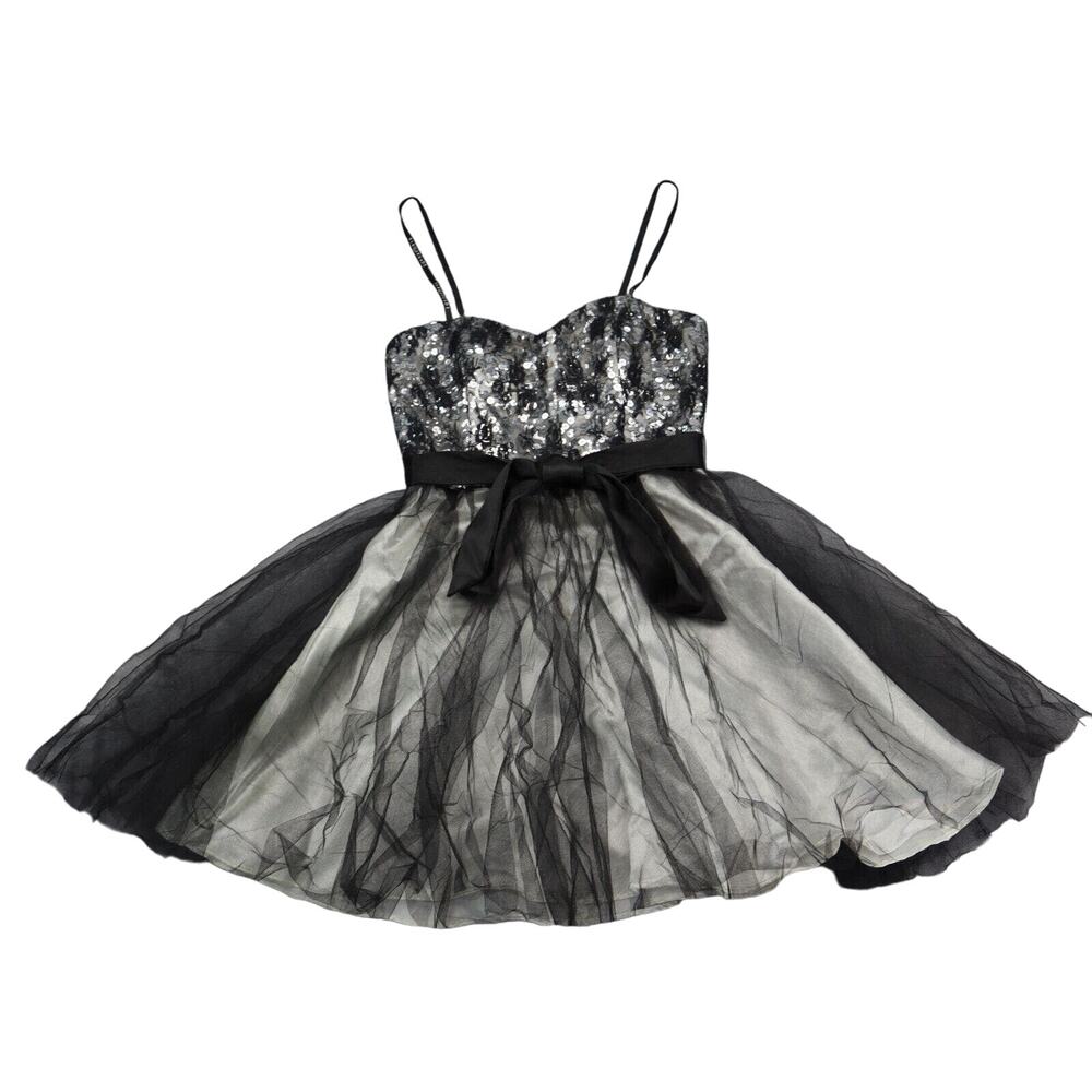 Masquerade Dress Womens 1 Black Ivory Sleeveless Sheer Sequin Zip Ball Gown Tie